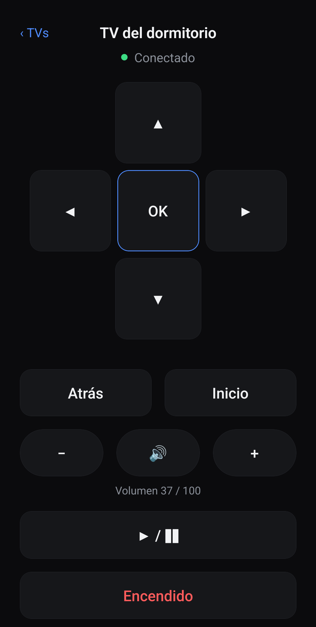 La pantalla del control remoto de Mando TV, con el D-pad, Atrás, Inicio, volumen y encendido